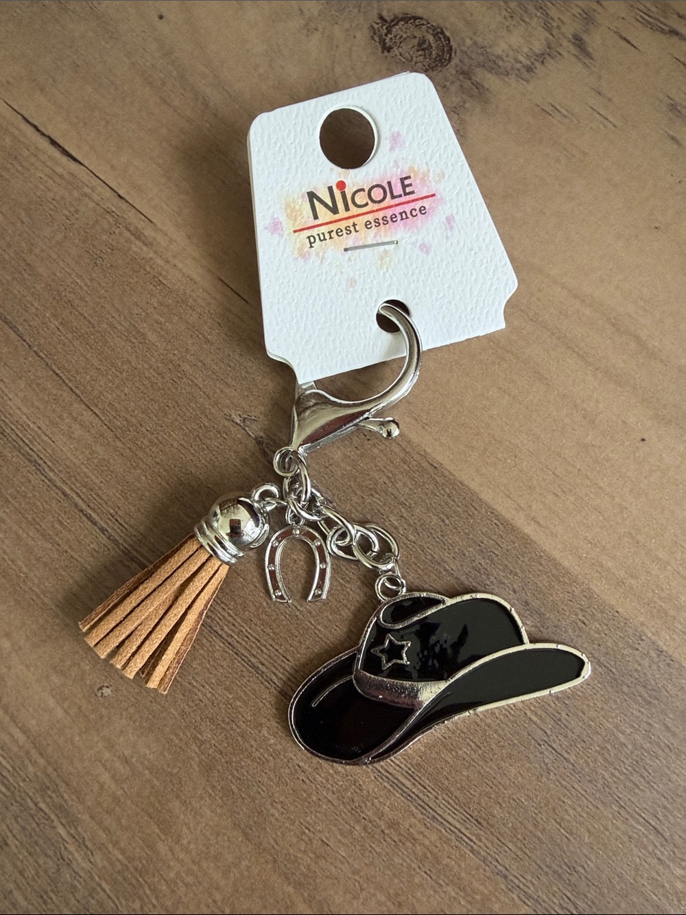 Nicole Black Cowboy Hat & Tan Tassel Keychain Charm
